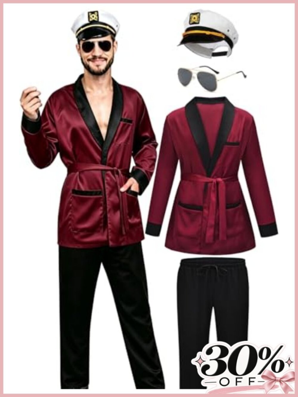 Men's Captain Halloween Costume Set Silk Robe Pants Hat Cosplay Outfit
